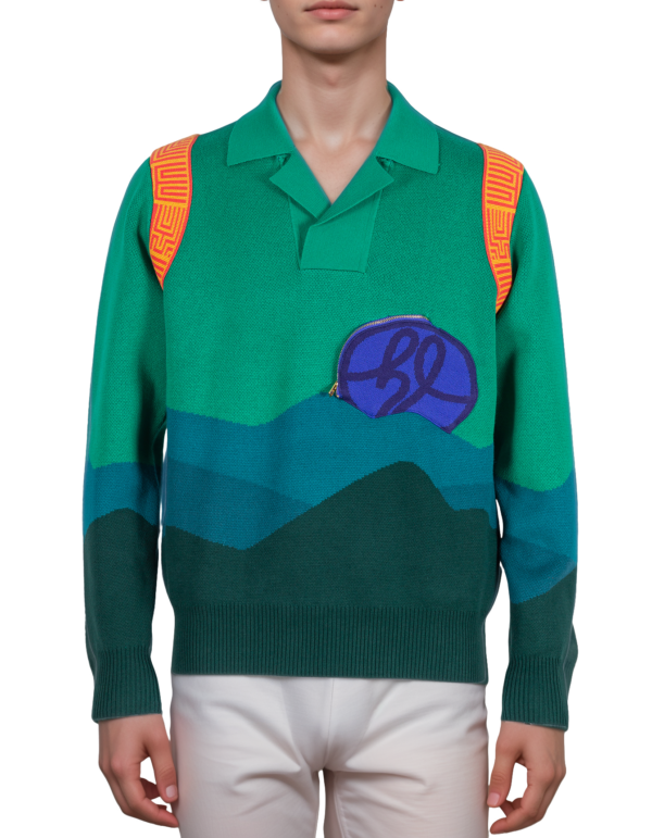 High Level HL - Knitted Long Sleeve Polo Sweater Knitwear Menswear with Zipper Pocket Cotton yarn