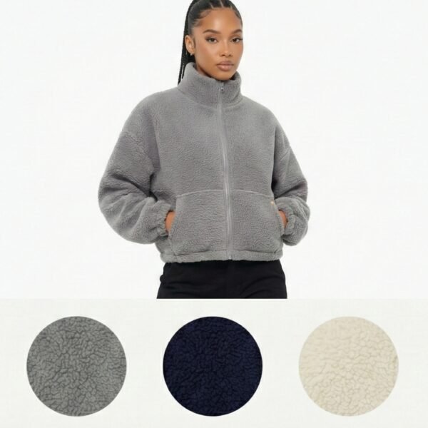High Level HL Sherpa Fleece Crop Zip up Jacket Warm Soft Fluffy Cozy - Cream, Navy or Gray - Coats Tops Outerwear Comfort