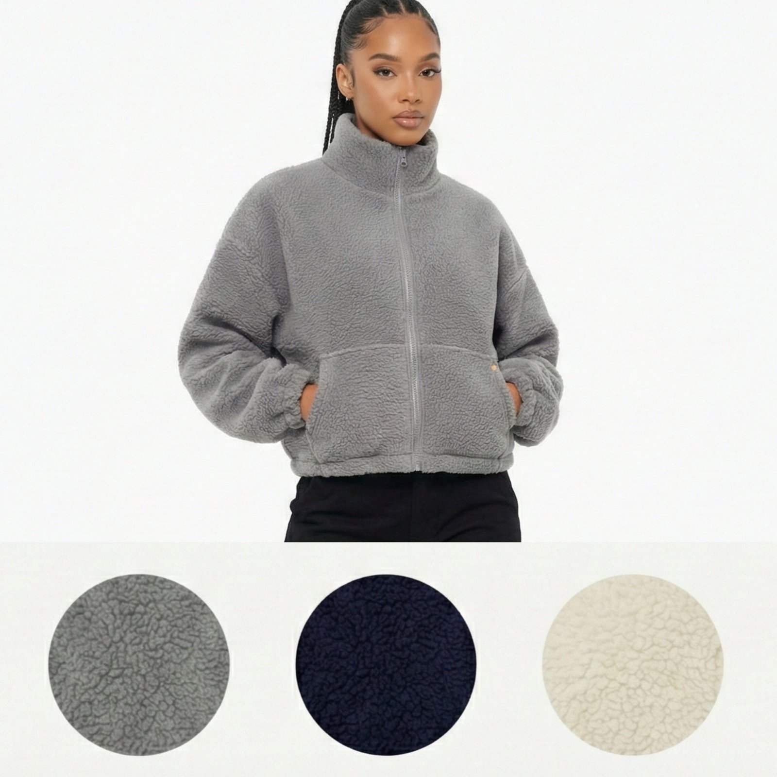 High Level HL Sherpa Fleece Crop Zip up Jacket Warm Soft Fluffy Cozy - Cream, Navy or Gray - Coats Tops Outerwear Comfort
