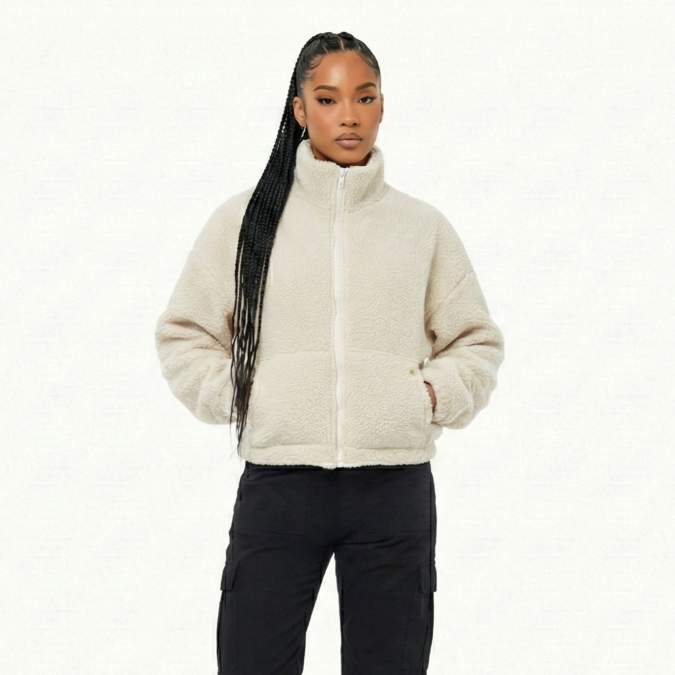 High Level HL Sherpa Fleece Crop Zip up Jacket Warm Soft Fluffy Cozy - Cream, Navy or Gray - Coats Tops Outerwear Comfort - Image 6