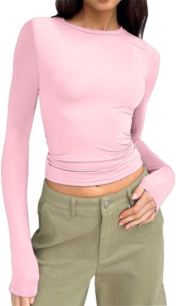 High Level HL - Women Slim Basic Snug Waist length Crop Top Long Sleeve Round Neck T-Shirt Form Fitting - Image 3