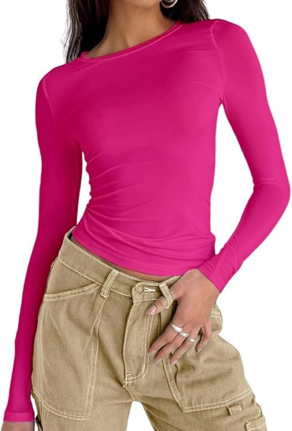 High Level HL - Women Slim Basic Snug Waist length Crop Top Long Sleeve Round Neck T-Shirt Form Fitting - Image 14