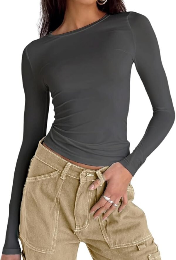 High Level HL - Women Slim Basic Snug Waist length Crop Top Long Sleeve Round Neck T-Shirt Form Fitting - Image 7