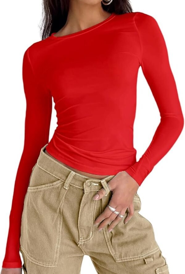 High Level HL - Women Slim Basic Snug Waist length Crop Top Long Sleeve Round Neck T-Shirt Form Fitting - Image 12