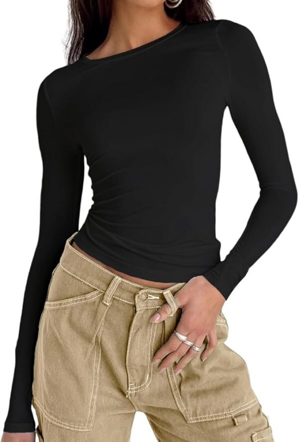 High Level HL - Women Slim Basic Snug Waist length Crop Top Long Sleeve Round Neck T-Shirt Form Fitting - Image 2