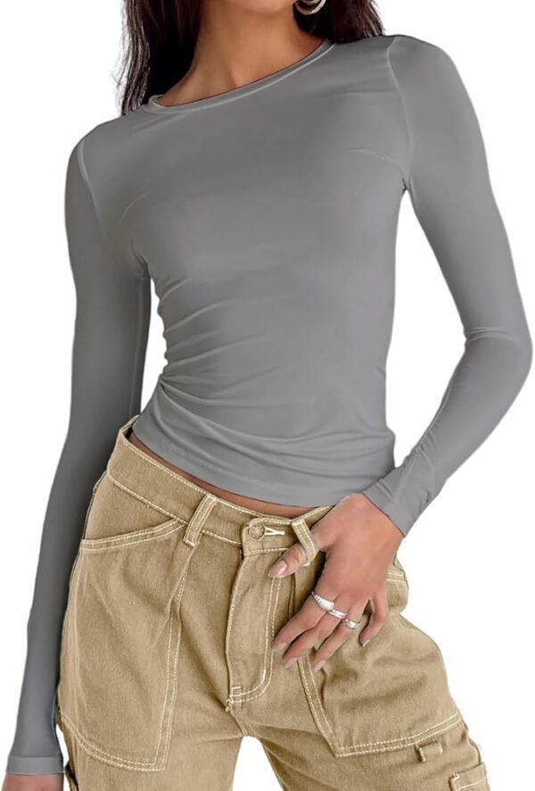 High Level HL - Women Slim Basic Snug Waist length Crop Top Long Sleeve Round Neck T-Shirt Form Fitting - Image 9