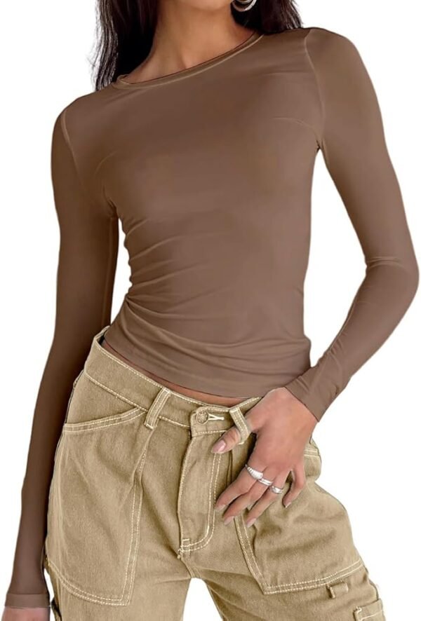 High Level HL - Women Slim Basic Snug Waist length Crop Top Long Sleeve Round Neck T-Shirt Form Fitting - Image 5