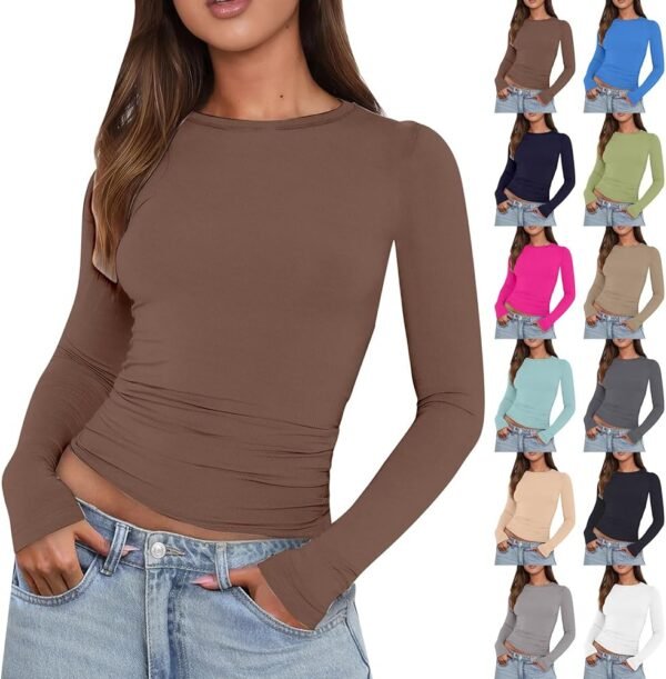 High Level HL - Women Slim Basic Snug Waist length Crop Top Long Sleeve Round Neck T-Shirt Form Fitting