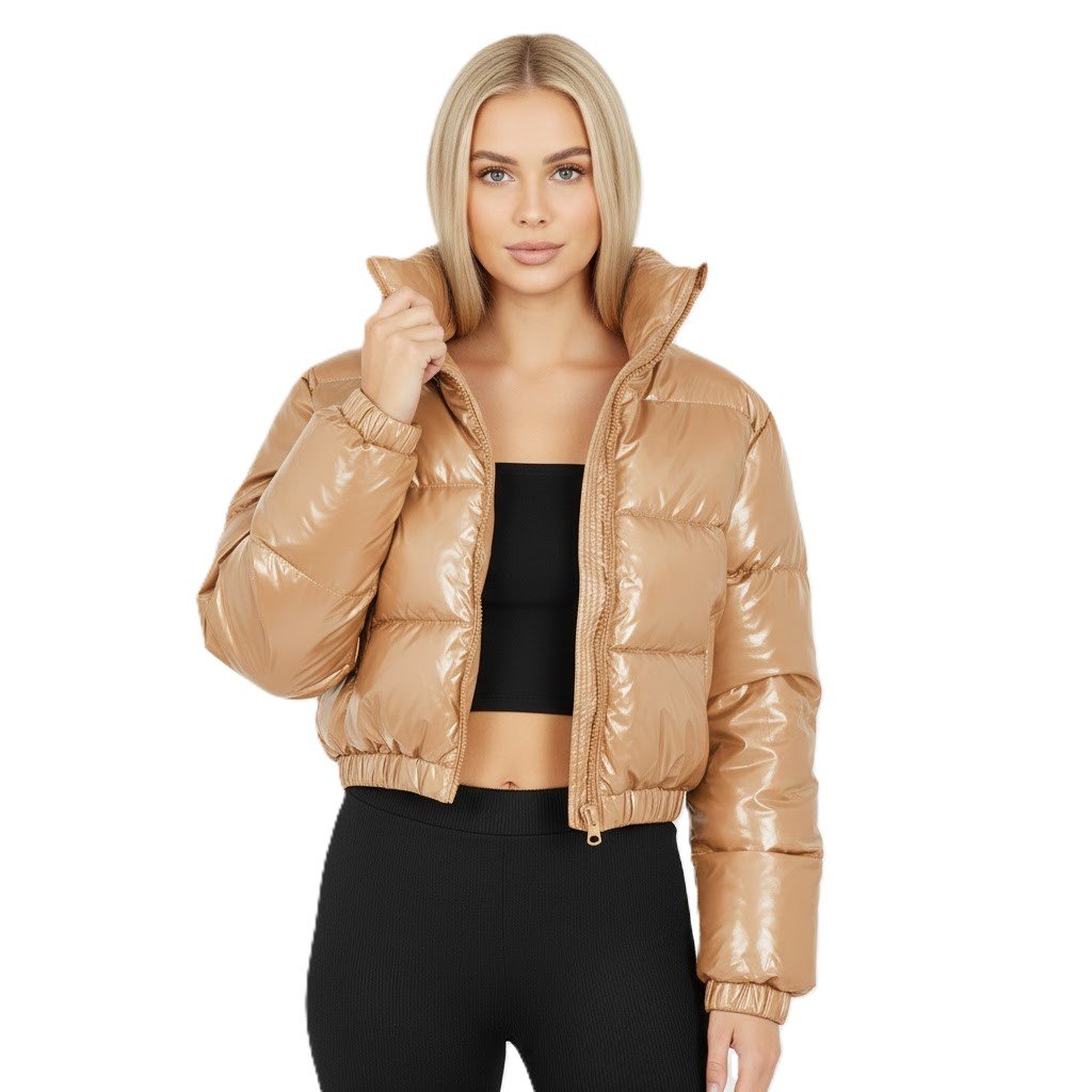 Women Cropped Puffer Jacket High Neck Quilted Bubble Coat Womenswear Lightweight Shiny - Image 9