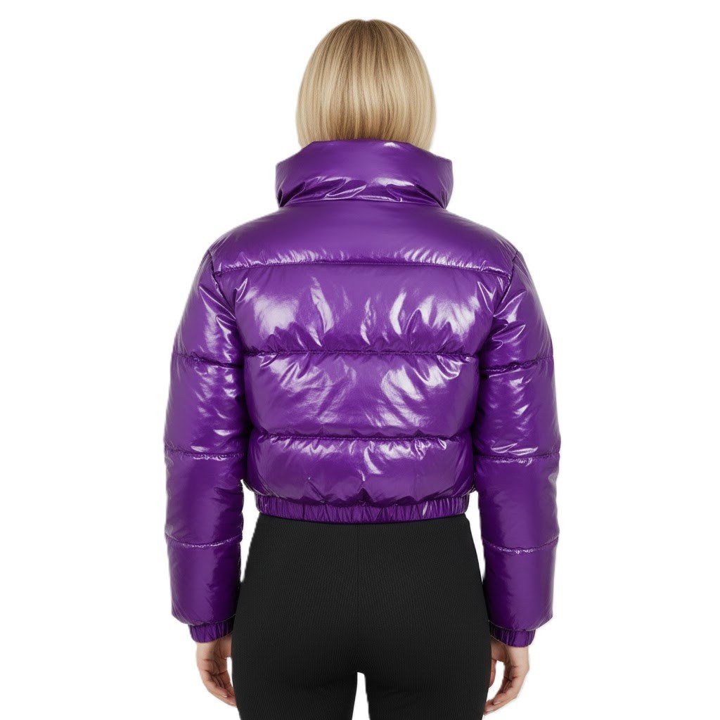 Women Cropped Puffer Jacket High Neck Quilted Bubble Coat Womenswear Lightweight Shiny - Image 6