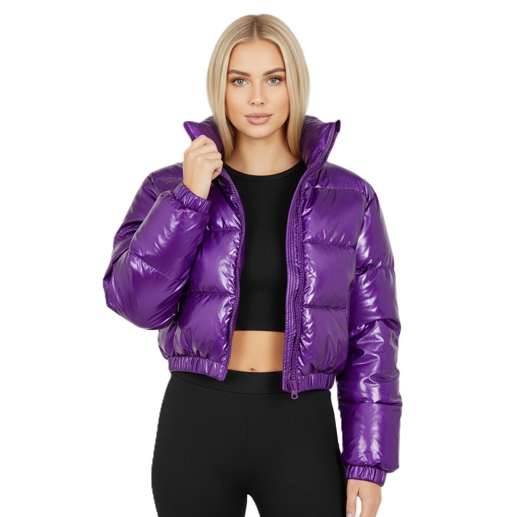 Women Cropped Puffer Jacket High Neck Quilted Bubble Coat Womenswear Lightweight Shiny - Image 5