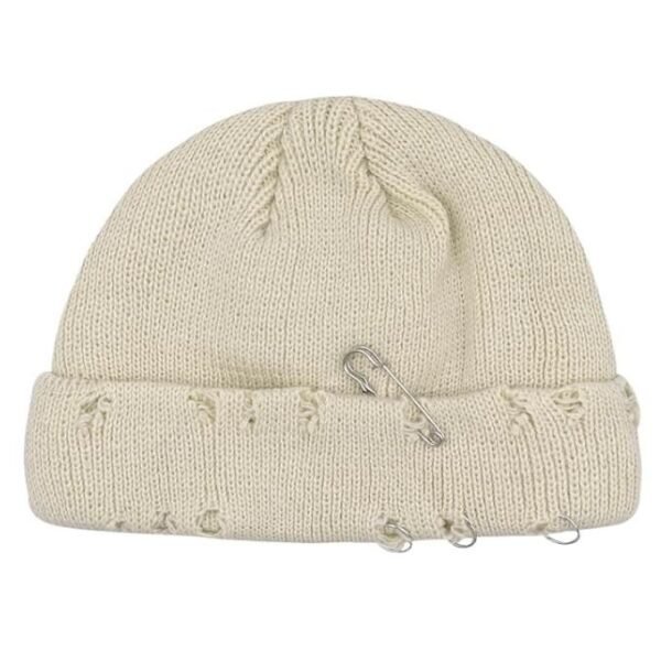 High Level HL Men's Knitted Skull Skully Beanie Ripped Distressed with Rings and Safety Pin - Beige/Army Green/Black - Image 5