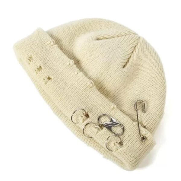 High Level HL Men's Knitted Skull Skully Beanie Ripped Distressed with Rings and Safety Pin - Beige/Army Green/Black - Image 11