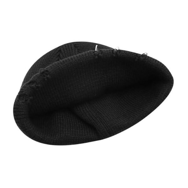 High Level HL Men's Knitted Skull Skully Beanie Ripped Distressed with Rings and Safety Pin - Beige/Army Green/Black - Image 3