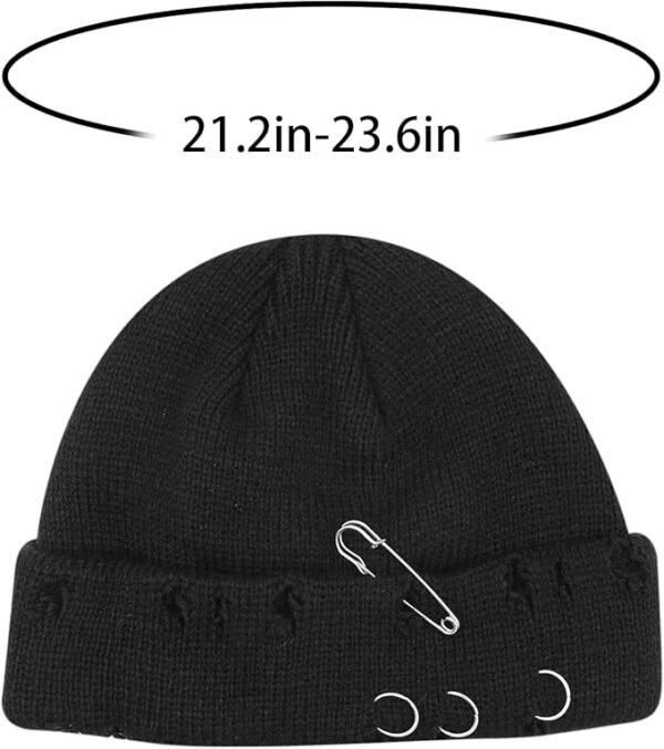 High Level HL Men's Knitted Skull Skully Beanie Ripped Distressed with Rings and Safety Pin - Beige/Army Green/Black - Image 4