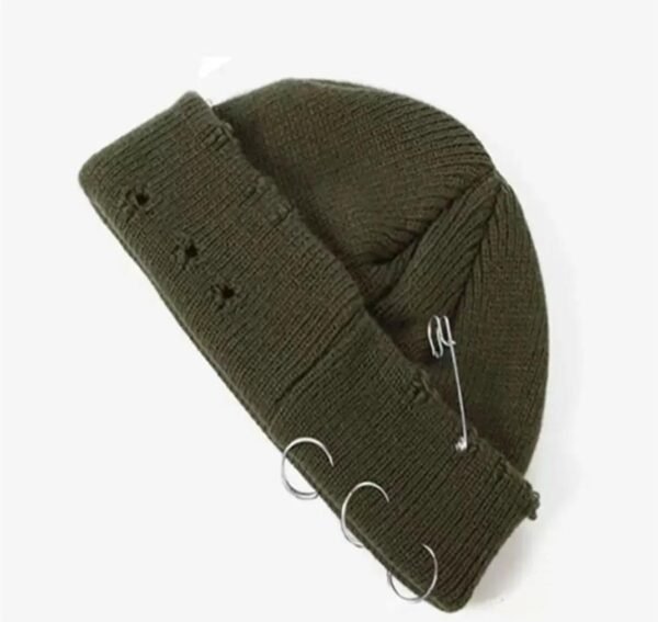 High Level HL Men's Knitted Skull Skully Beanie Ripped Distressed with Rings and Safety Pin - Beige/Army Green/Black - Image 8