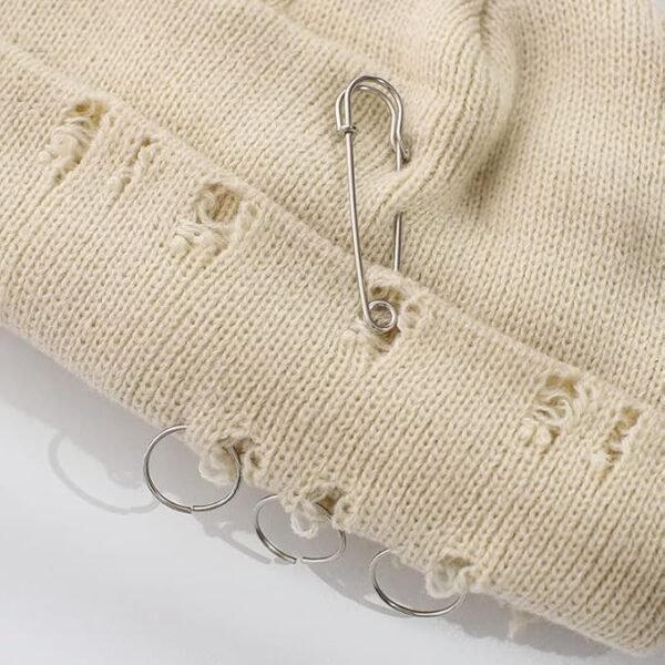 High Level HL Men's Knitted Skull Skully Beanie Ripped Distressed with Rings and Safety Pin - Beige/Army Green/Black - Image 7