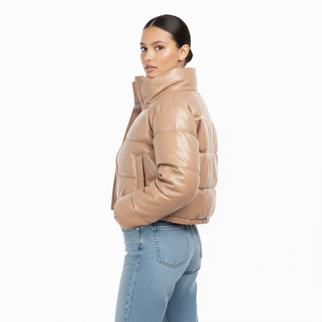 High Level HL Women's Faux Vegan Leather Cropped Puffer Jacket - Women's Winter Coat - Coats, Womenswear Mocha Pockets Zipper Elastic Button Comfort Casual - Image 8