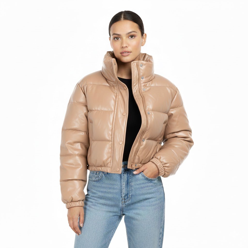 High Level HL Women's Faux Vegan Leather Cropped Puffer Jacket - Women's Winter Coat - Coats, Womenswear Mocha Pockets Zipper Elastic Button Comfort Casual - Image 7