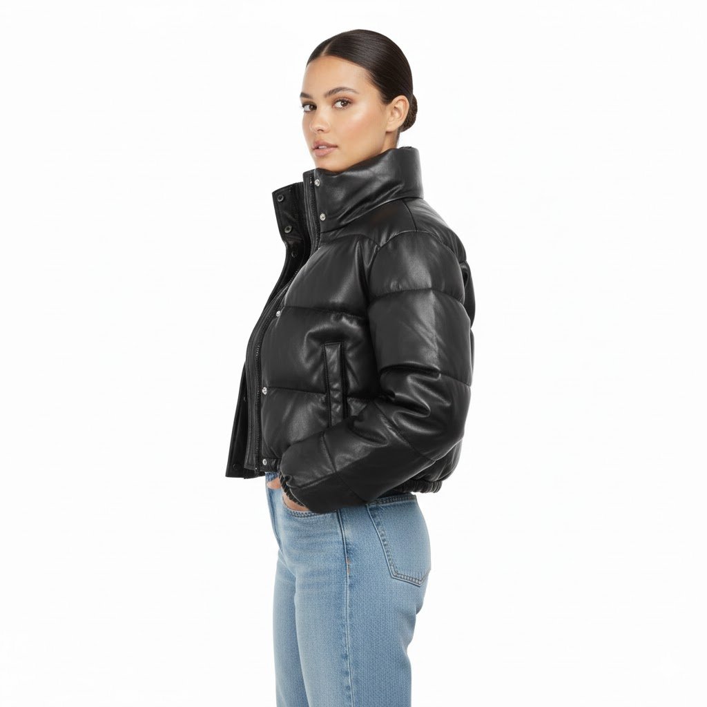 High Level HL Women's Faux Vegan Leather Cropped Puffer Jacket - Women's Winter Coat - Coats, Womenswear Mocha Pockets Zipper Elastic Button Comfort Casual - Image 2