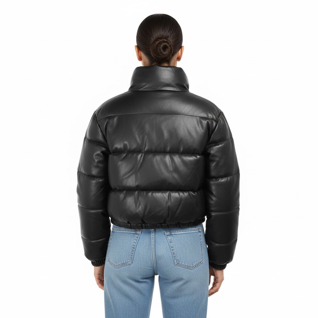 High Level HL Women's Faux Vegan Leather Cropped Puffer Jacket - Women's Winter Coat - Coats, Womenswear Mocha Pockets Zipper Elastic Button Comfort Casual - Image 3