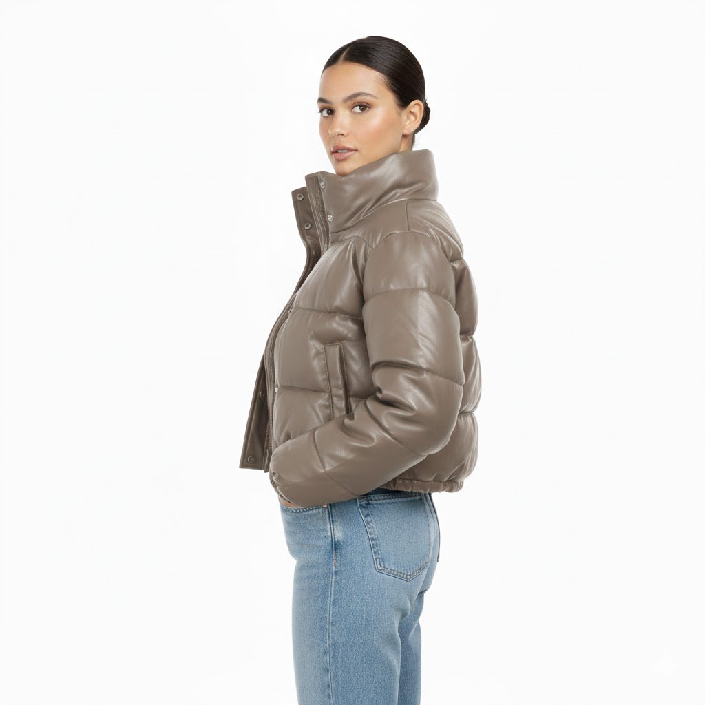 High Level HL Women's Faux Vegan Leather Cropped Puffer Jacket - Women's Winter Coat - Coats, Womenswear Mocha Pockets Zipper Elastic Button Comfort Casual - Image 5