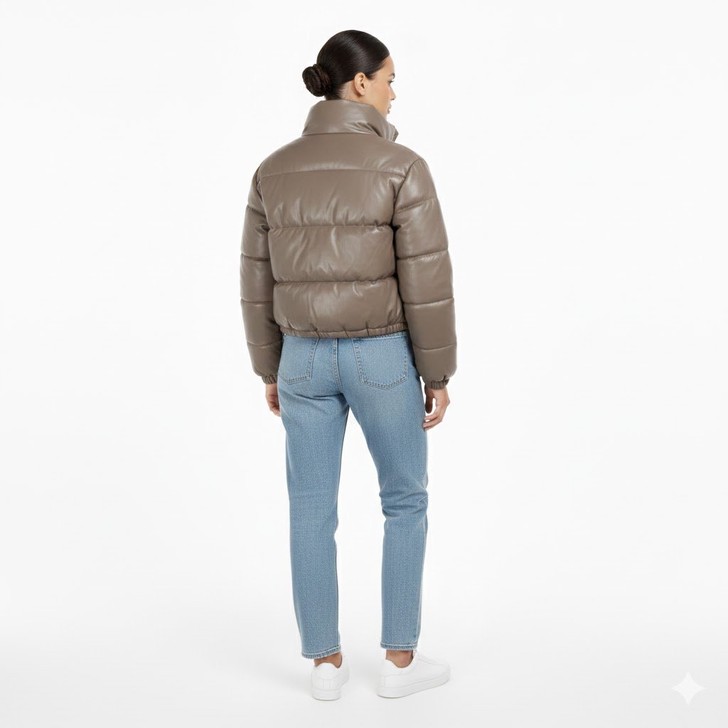 High Level HL Women's Faux Vegan Leather Cropped Puffer Jacket - Women's Winter Coat - Coats, Womenswear Mocha Pockets Zipper Elastic Button Comfort Casual - Image 6