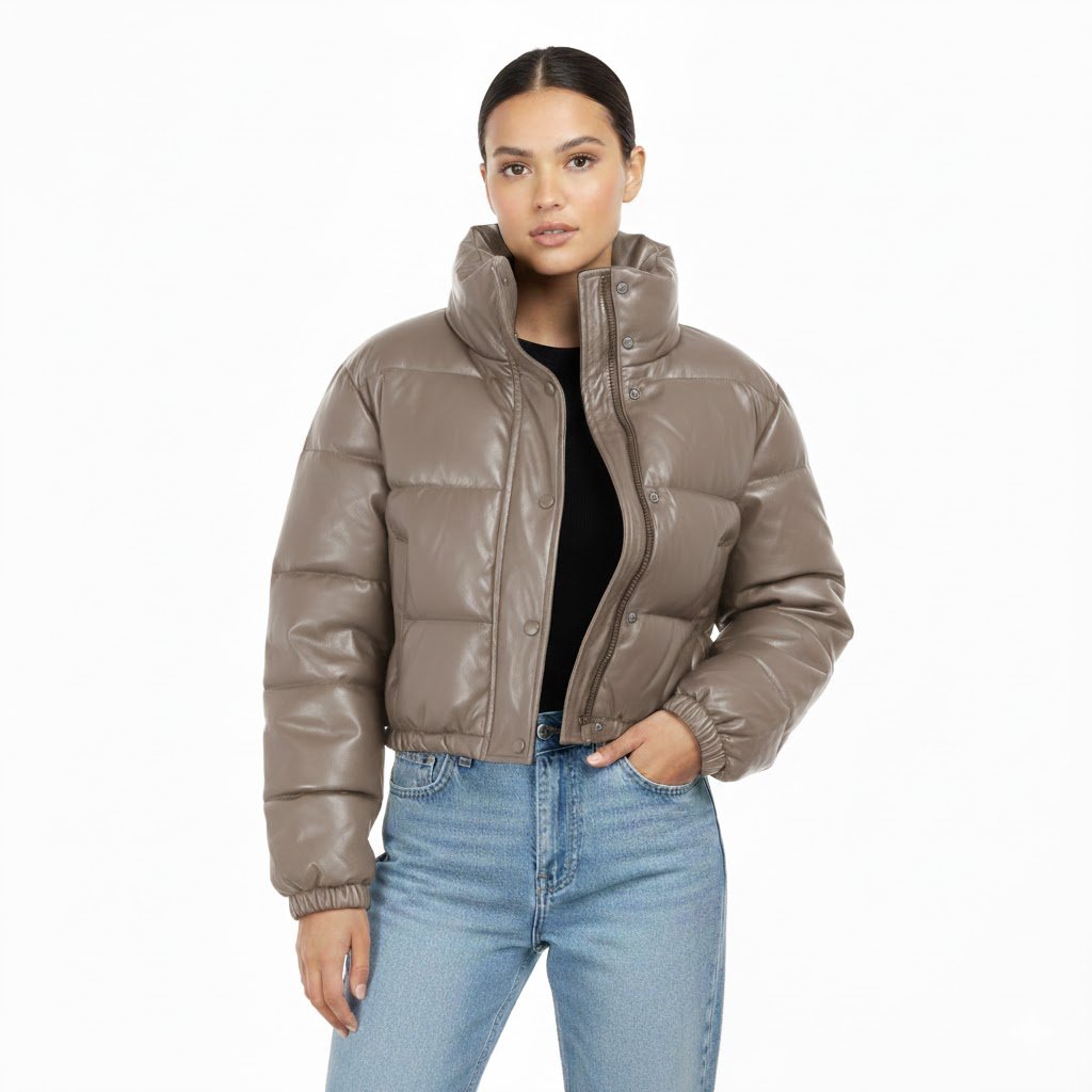 High Level HL Women's Faux Vegan Leather Cropped Puffer Jacket - Women's Winter Coat - Coats, Womenswear Mocha Pockets Zipper Elastic Button Comfort Casual - Image 4
