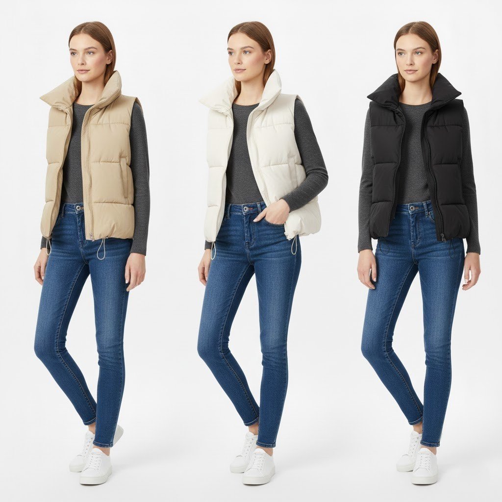 High Level HL Women High Collar Puffer Vest Puffer Jacket Turn-Down Collar Asymmetrical zipper - Black, Beige or Off-White - Soft, Outerwear, Winter, Coat, Stylish, Basic, Casual Comfort