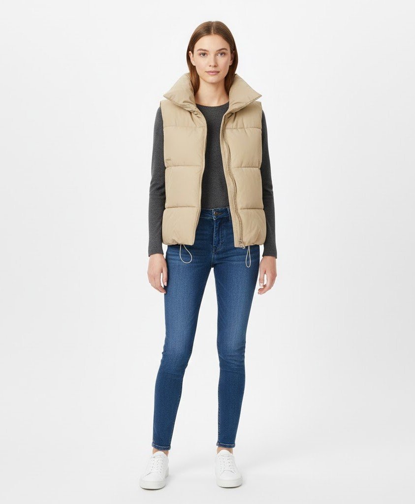 High Level HL Women High Collar Puffer Vest Puffer Jacket Turn-Down Collar Asymmetrical zipper - Black, Beige or Off-White - Soft, Outerwear, Winter, Coat, Stylish, Basic, Casual Comfort - Image 14