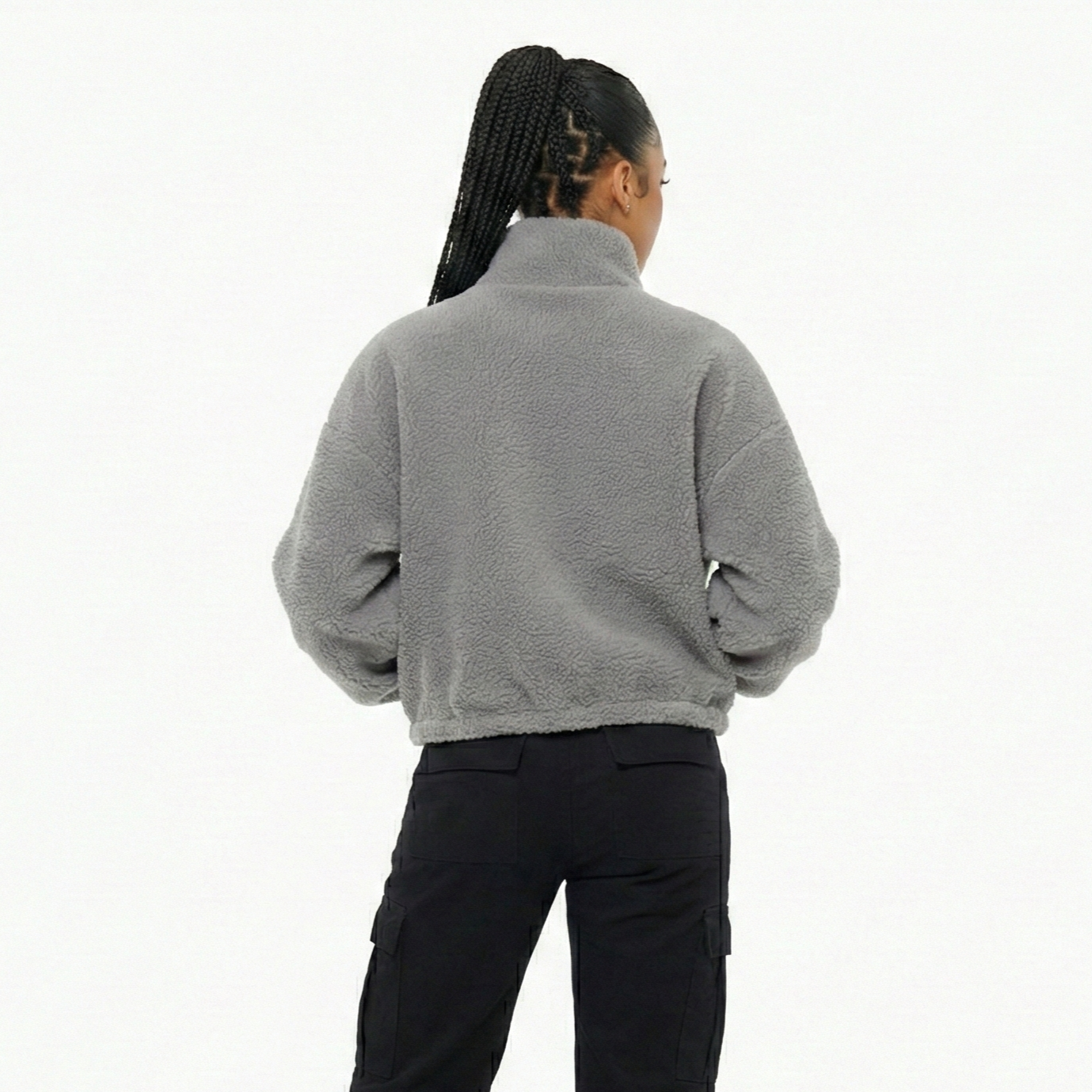 High Level HL Sherpa Fleece Crop Zip up Jacket Warm Soft Fluffy Cozy - Cream, Navy or Gray - Coats Tops Outerwear Comfort - Image 3