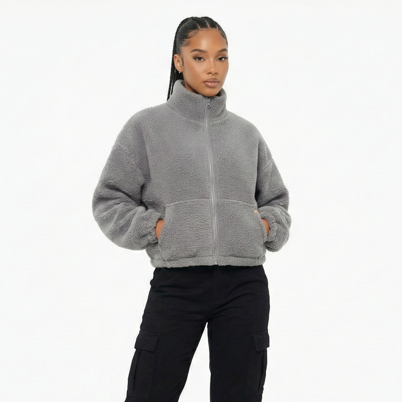 High Level HL Sherpa Fleece Crop Zip up Jacket Warm Soft Fluffy Cozy - Cream, Navy or Gray - Coats Tops Outerwear Comfort - Image 2