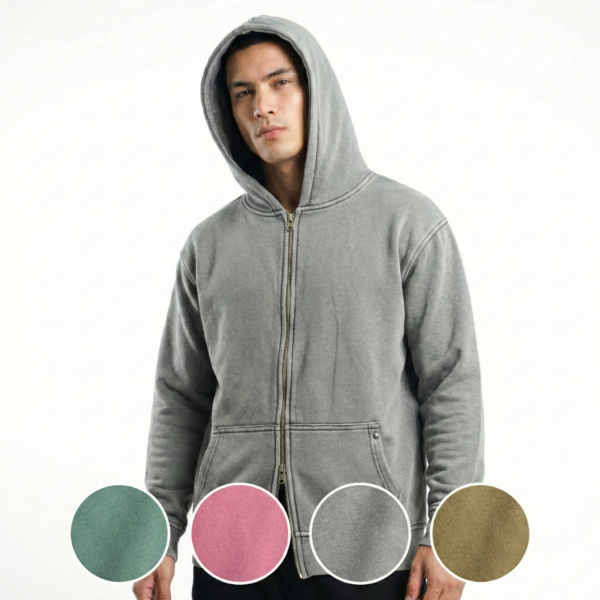 High Level HL Two-way Zip-up Hoodie Stone Washed Vintage Men Long sleeves Pink, Grey, Caramel, Sage zip-up front double zipper Stonewashed Plush