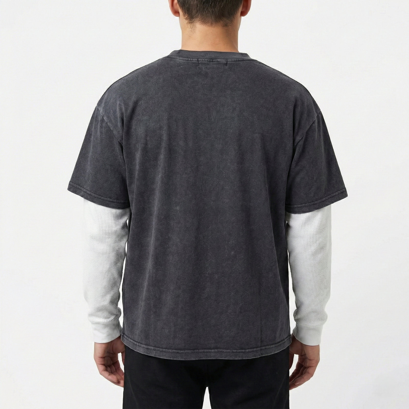 Double Layer Stonewashed T-shirt by High Level HL with contrast long sleeves and pocket layered heavyweight boxy drop shoulder fit - Image 2