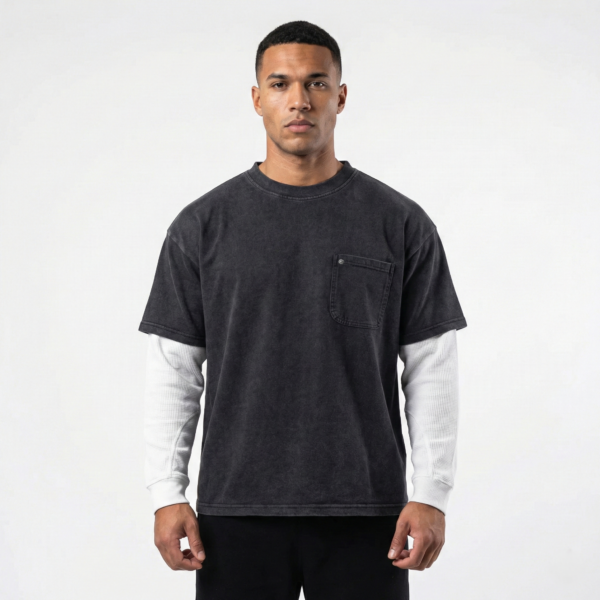 Double Layer Stonewashed T-shirt by High Level HL with contrast long sleeves and pocket layered heavyweight boxy drop shoulder fit