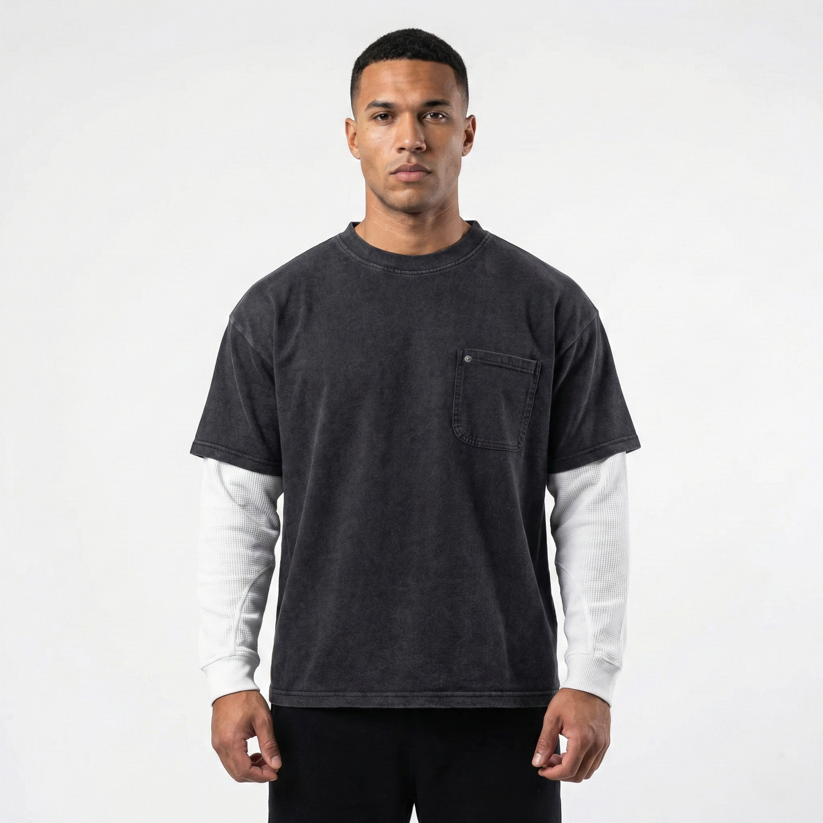Double Layer Stonewashed T-shirt by High Level HL with contrast long sleeves and pocket layered heavyweight boxy drop shoulder fit