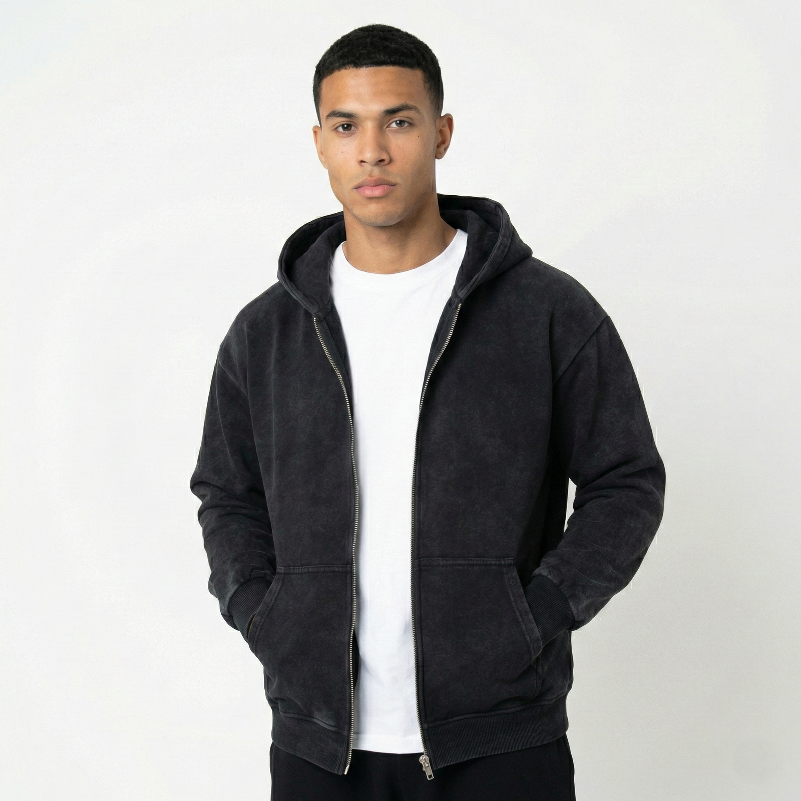 High Level HL Zip-up Hoodie Black Stone Washed Vintage Men Long sleeves zip-up front Men's streetwear clothing Stonewashed Plush - Image 2