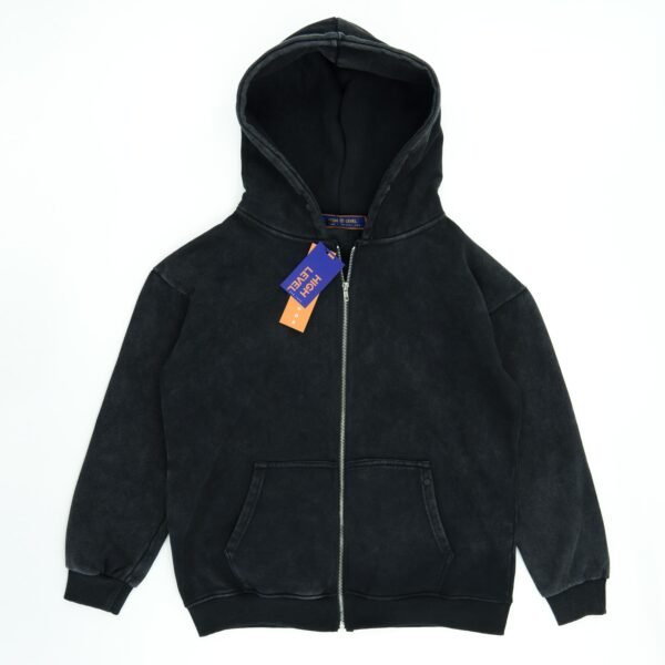 High Level HL Zip-up Hoodie Black Stone Washed Vintage Men Long sleeves zip-up front Men's streetwear clothing Stonewashed Plush