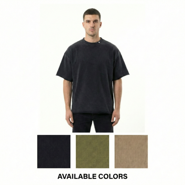 HIGH LEVEL Men's Oversized Washed French Terry Cotton T-shirt Heavyweight 360gsm Boxy Fit Drop Shoulders - Black, Tan, Army Green Casual Classic