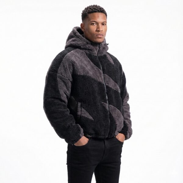 Men’s Graphic Sherpa Jacket | High Neck Fluffy Zip-Up Hoodie | Y2K Streetwear Winter Coat